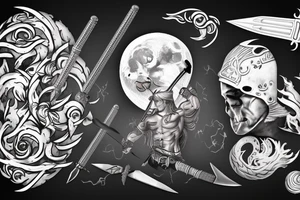 Man dressed up as a warrior holding a tattoo pen as a sword emerging in victory. 3d background of full moon and ocean tattoo idea