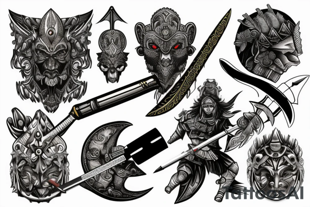 Man dressed up as a warrior holding a tattoo pen as a sword emerging in victory. 3d background of full moon and ocean tattoo idea