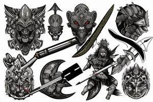 Man dressed up as a warrior holding a tattoo pen as a sword emerging in victory. 3d background of full moon and ocean tattoo idea
