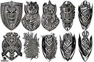 A knight inspired tribal tattoo with German and English themes. tattoo idea