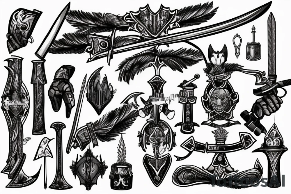Knight holding a sword with German and English Themes. tattoo idea