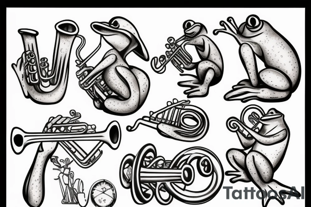 Frog playing trumpet tattoo idea