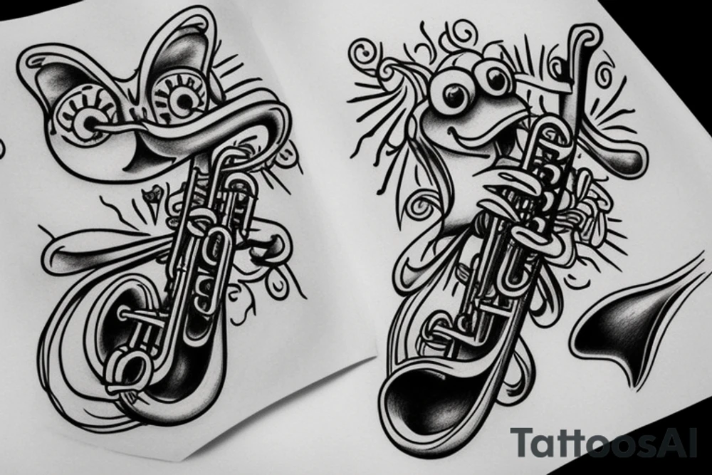 Frog playing trumpet tattoo idea