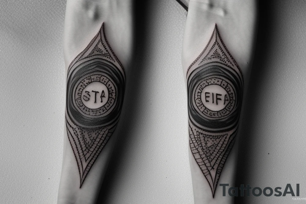 « TESFA » written vertically on forearm, things around it as a sandclock or a guitar tattoo idea