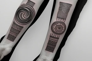 « TESFA » written vertically on forearm, things around it as a sandclock or a guitar tattoo idea