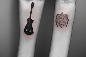 « TESFA » written vertically on forearm, things around it as a sandclock or a guitar tattoo idea