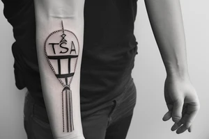 « TESFA » written vertically on forearm, things around it as a sandclock or a guitar tattoo idea