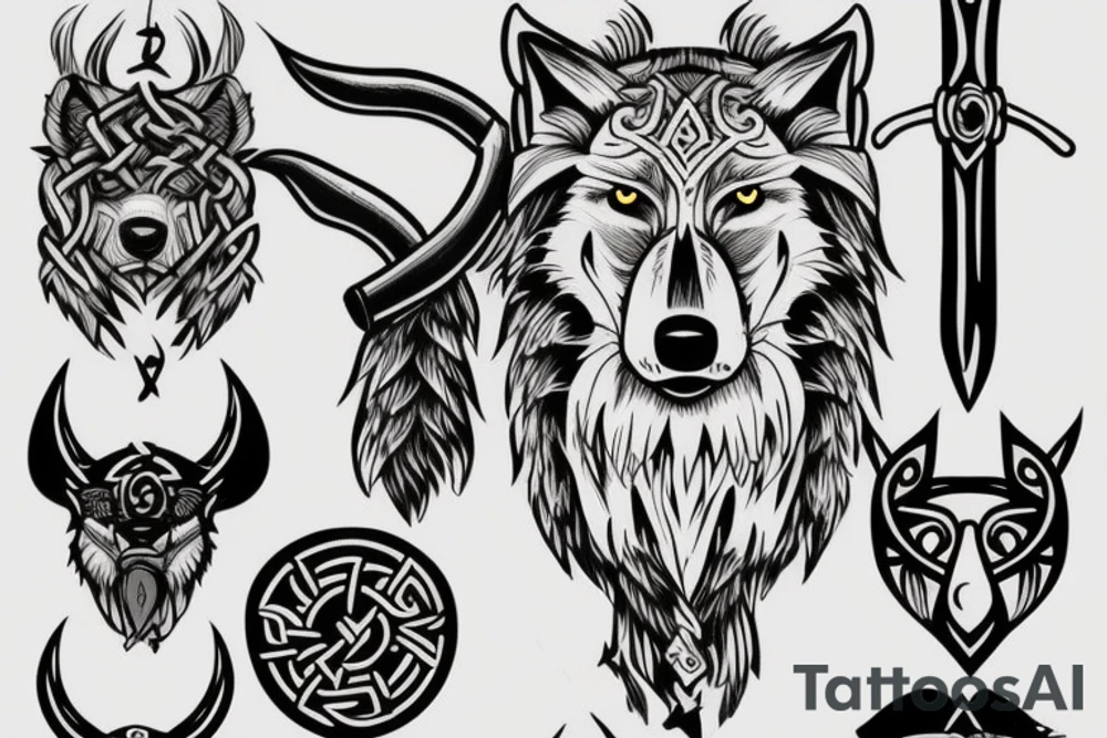 Wolf with vikingaxe tattoo idea