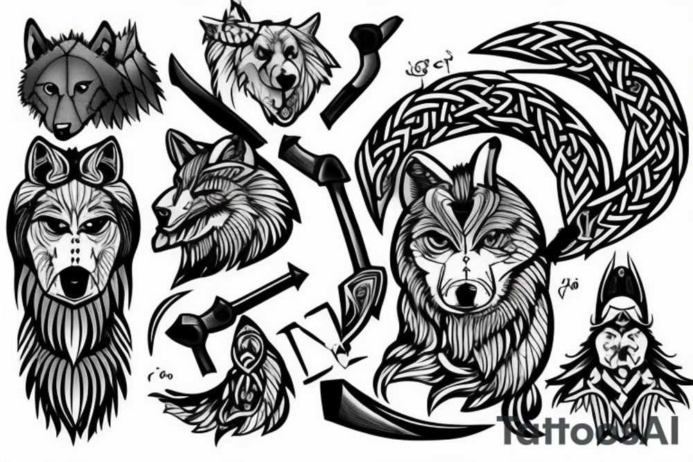 Wolf with vikingaxe tattoo idea