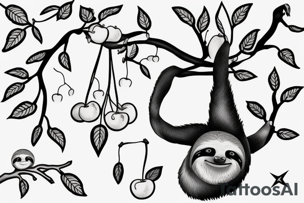 sloth hanging off branch with cherries tattoo idea