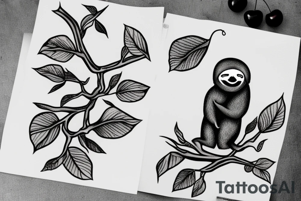 sloth holding branch with cherries tattoo idea
