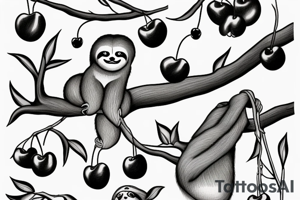 sloth holding branch with cherries tattoo idea