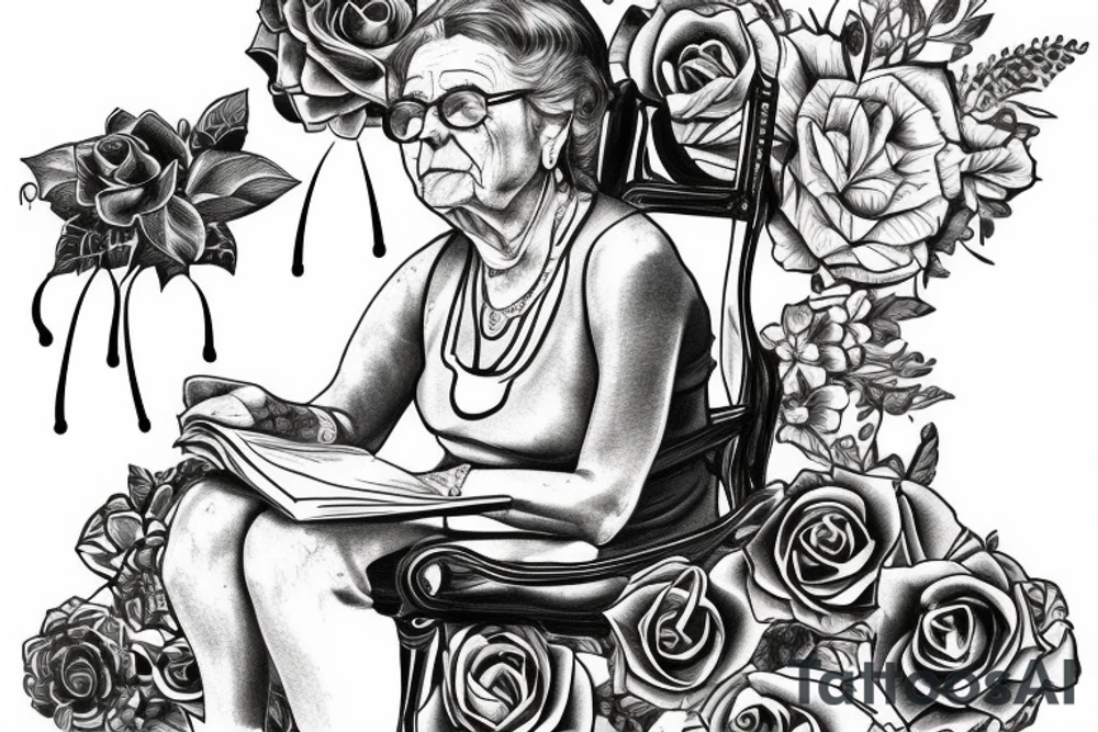 grandma sitting on a chair looking in the distance tattoo idea