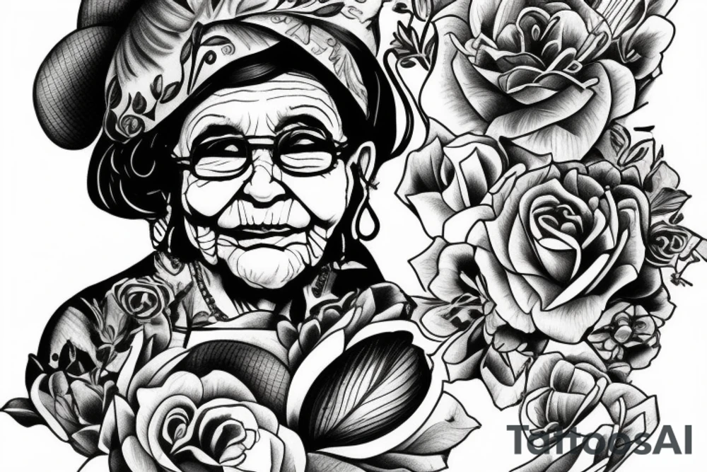 grandma sitting on a chair looking in the distance tattoo idea