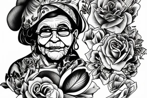 grandma sitting on a chair looking in the distance tattoo idea