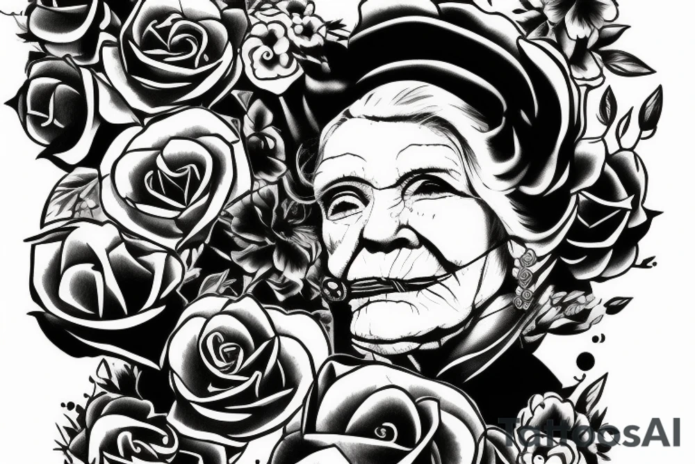 grandma sitting on a chair looking in the distance tattoo idea