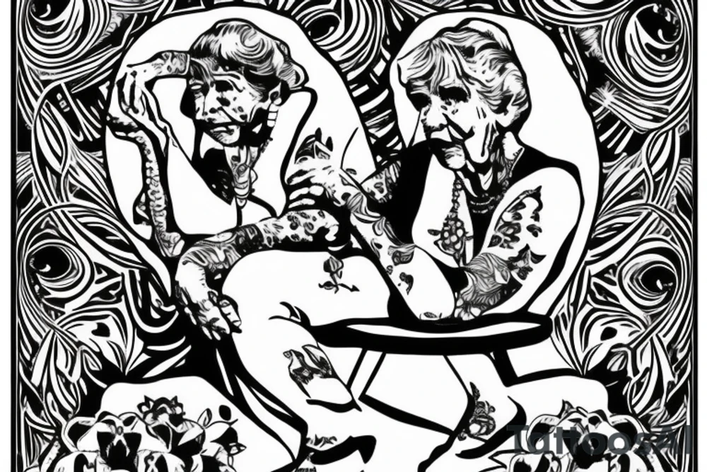 grandma sitting on a chair looking in the distance tattoo idea