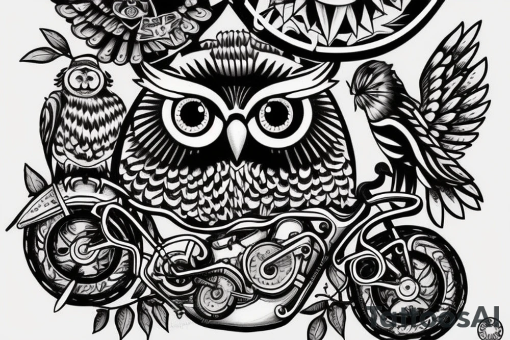 Owl head on ten speed bicyclist body tattoo idea