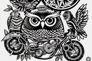 Owl head on ten speed bicyclist body tattoo idea