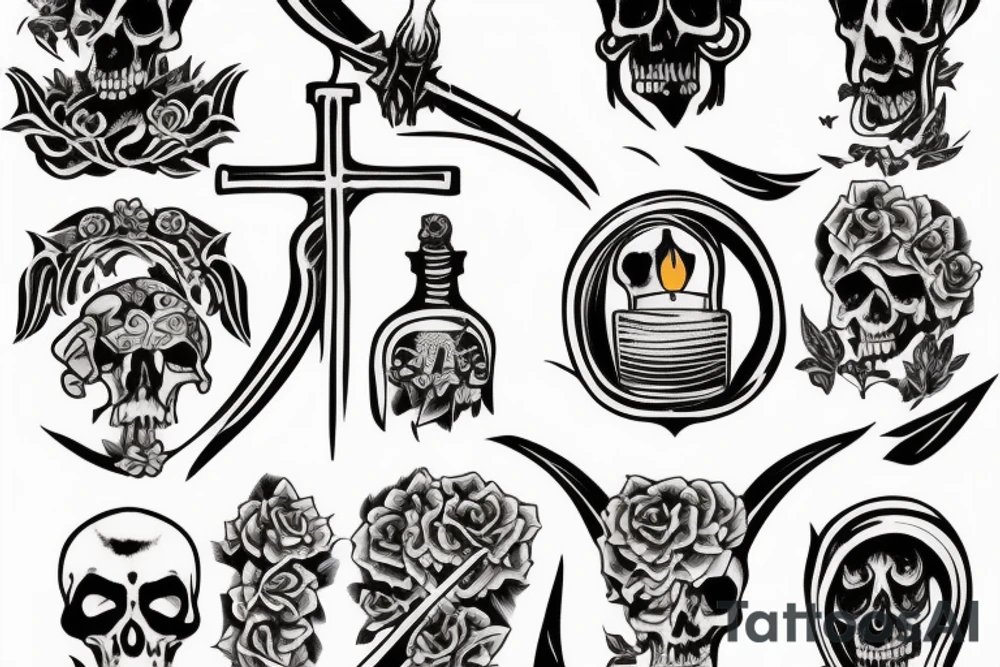 Grim reaper holding an oil lamp, cross hatch woodcut style tattoo idea