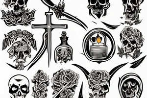 Grim reaper holding an oil lamp, cross hatch woodcut style tattoo idea