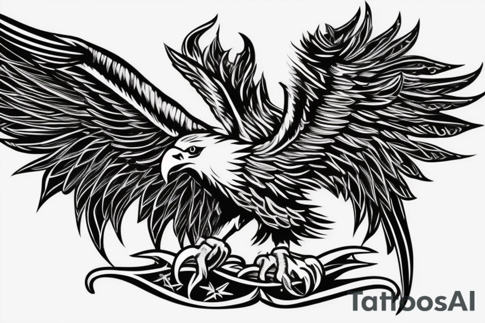 Eagle with its Wings wide Open, Head Rised, in the middle of the Eagle is a sword in the background. The Sword has a crown on top tattoo idea