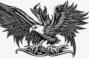 Eagle with its Wings wide Open, Head Rised, in the middle of the Eagle is a sword in the background. The Sword has a crown on top tattoo idea