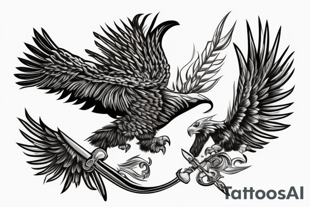 Eagle with its Wings wide Open, Head Rised, in the middle of the Eagle is a sword in the background. The Sword has a crown on top tattoo idea