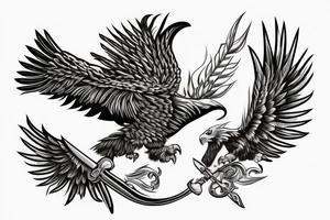 Eagle with its Wings wide Open, Head Rised, in the middle of the Eagle is a sword in the background. The Sword has a crown on top tattoo idea