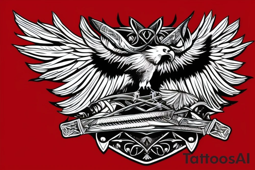 Eagle with its Wings wide Open, Head Rised, in the middle of the Eagle is a sword in the background. The Sword has a crown on top tattoo idea