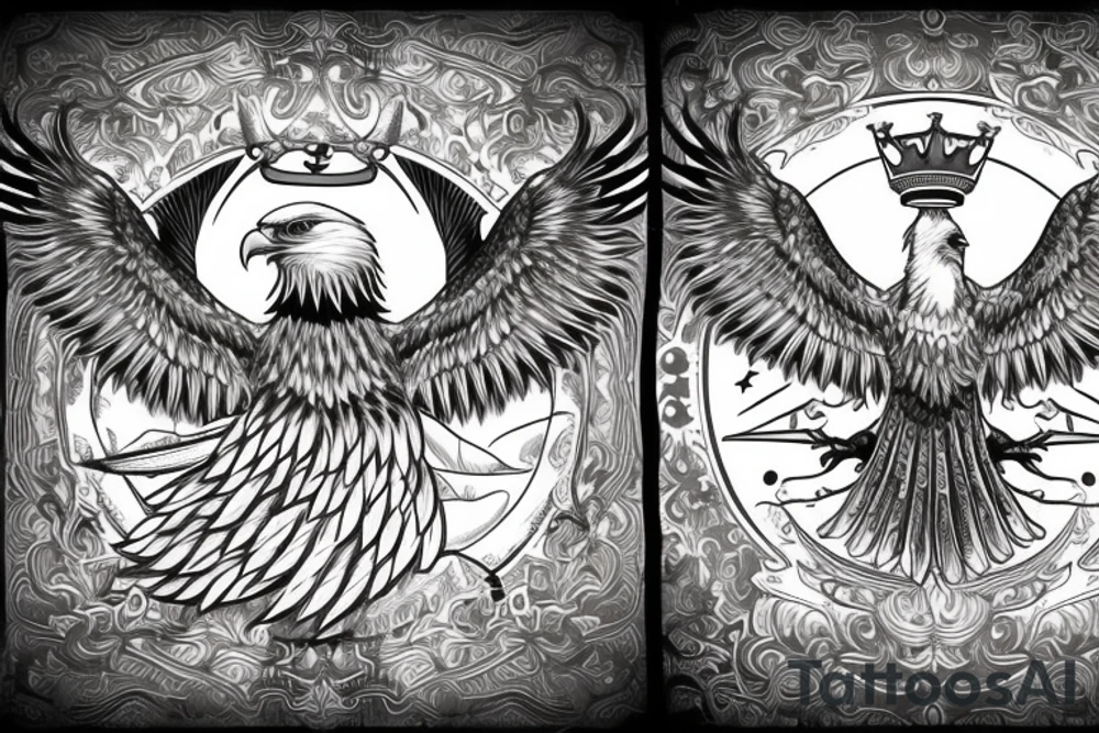 Eagle with its Wings wide Open, Head Rised, in the middle of the Eagle is a sword in the background. The Sword has a crown on top tattoo idea