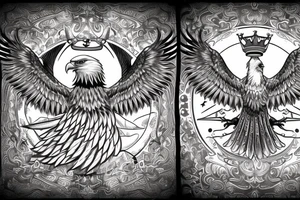Eagle with its Wings wide Open, Head Rised, in the middle of the Eagle is a sword in the background. The Sword has a crown on top tattoo idea