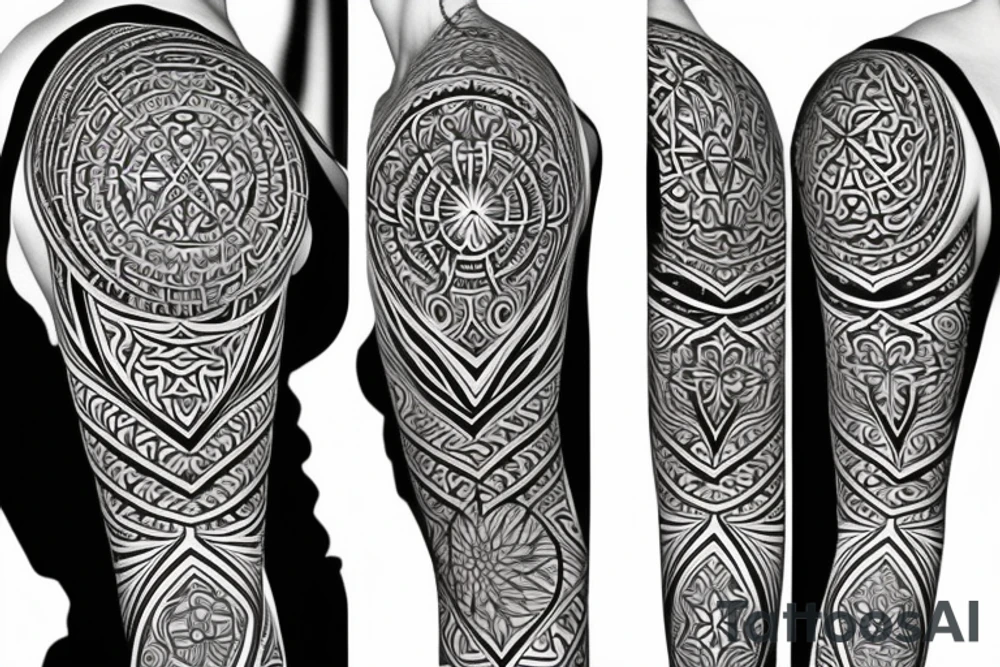 Sacred geometry with fractals on upper arm and back tattoo idea