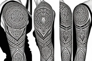 Sacred geometry with fractals on upper arm and back tattoo idea