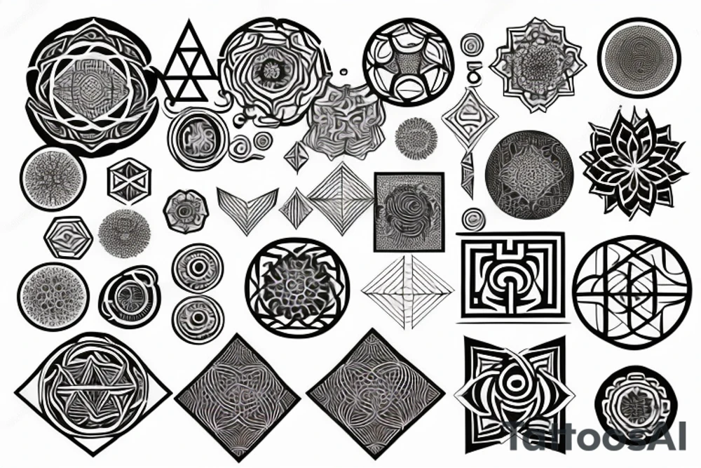 Sacred geometry with fractals on upper arm and back tattoo idea