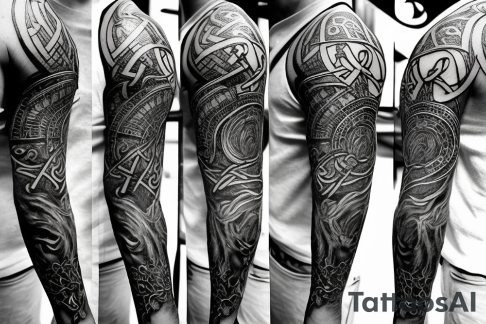 Norse sleeve tattoo with stag, Odin's hammer, viking compass tattoo idea