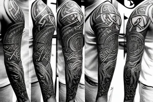 Norse sleeve tattoo with stag, Odin's hammer, viking compass tattoo idea