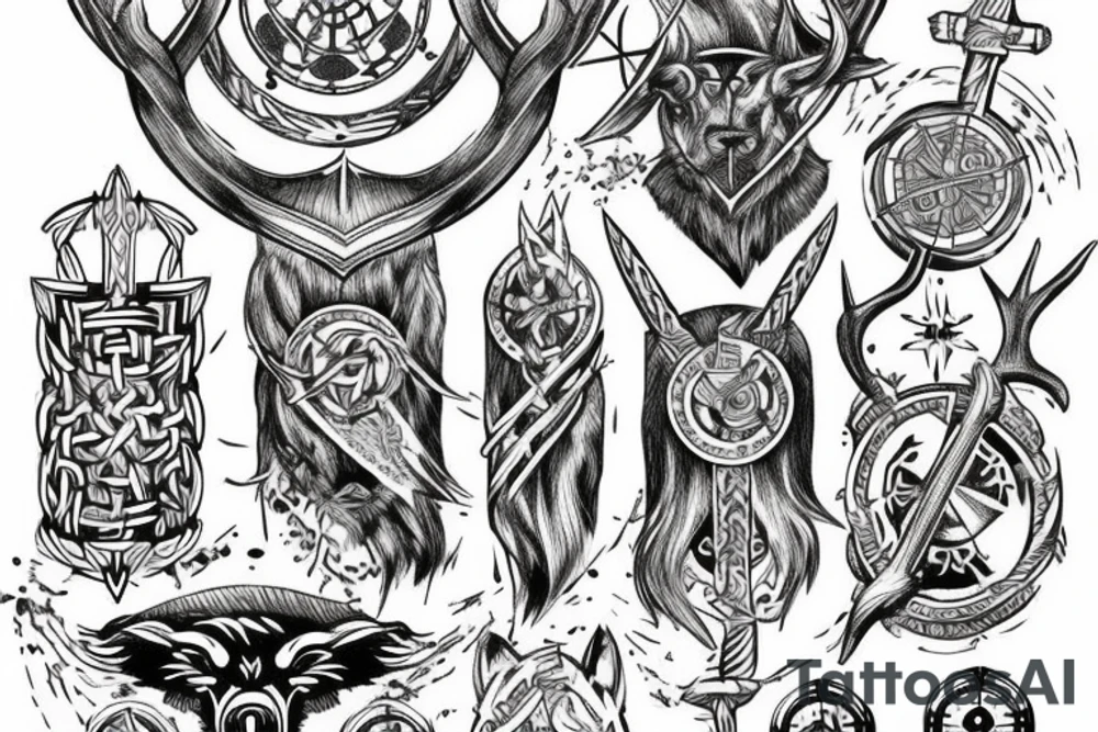 Norse sleeve tattoo with stag, Odin's hammer, viking compass tattoo idea