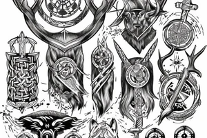 Norse sleeve tattoo with stag, Odin's hammer, viking compass tattoo idea