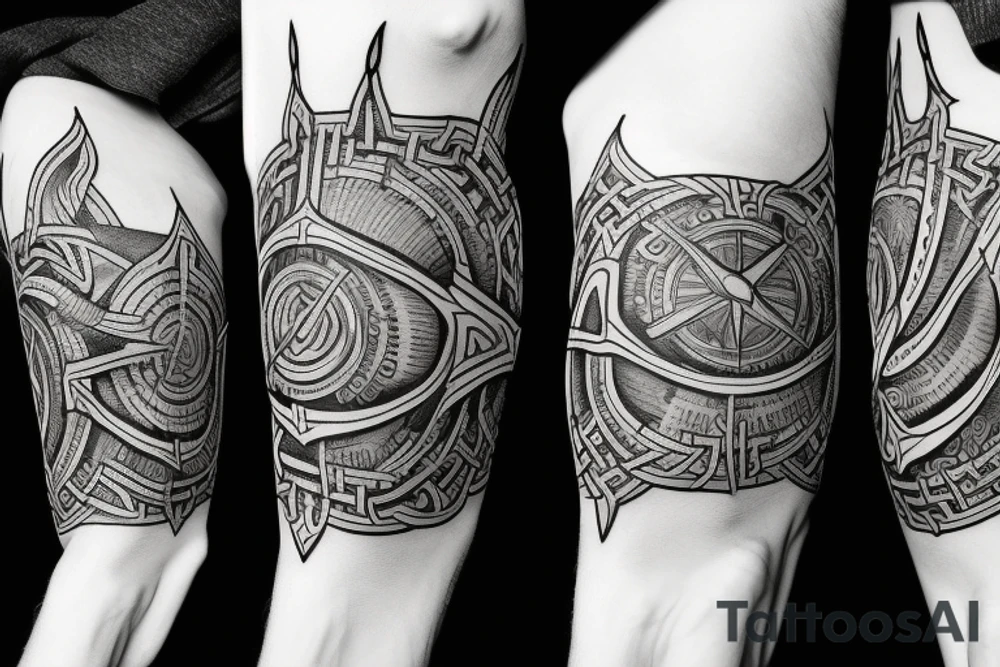 sleeve tattoo with norse stag, Thor's hammer, viking compass tattoo idea