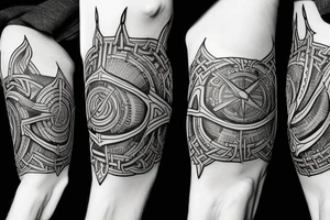 sleeve tattoo with norse stag, Thor's hammer, viking compass tattoo idea