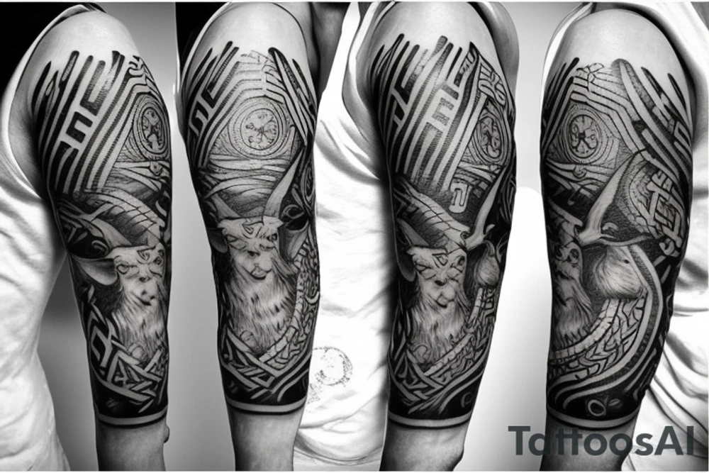 sleeve tattoo with norse stag, Thor's hammer, viking compass tattoo idea