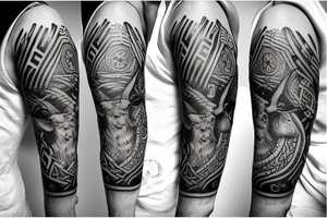 sleeve tattoo with norse stag, Thor's hammer, viking compass tattoo idea