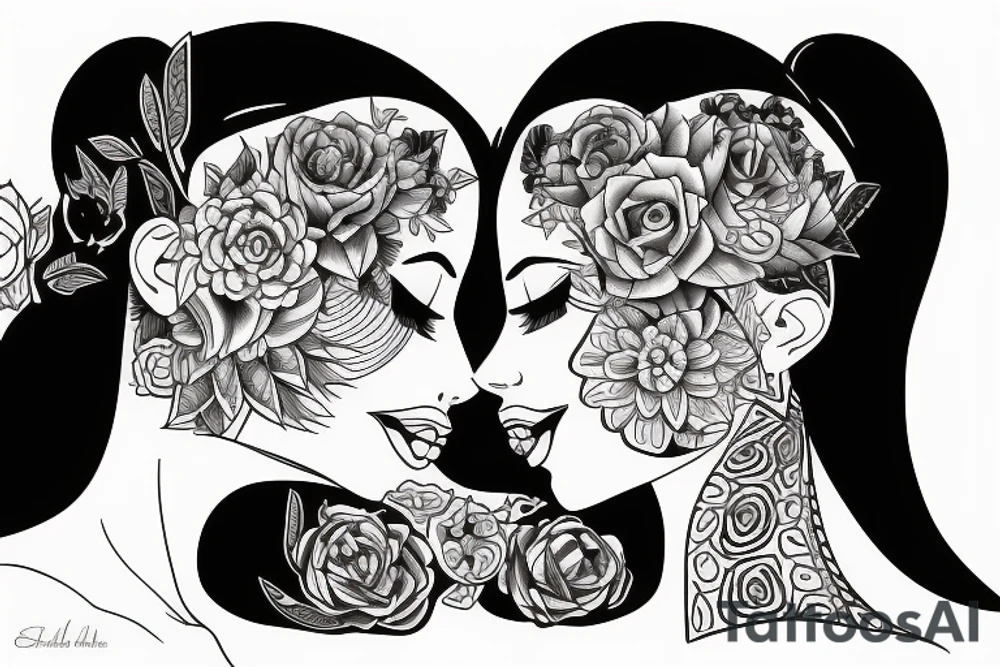 two female faces kissing, facing eachother tattoo idea