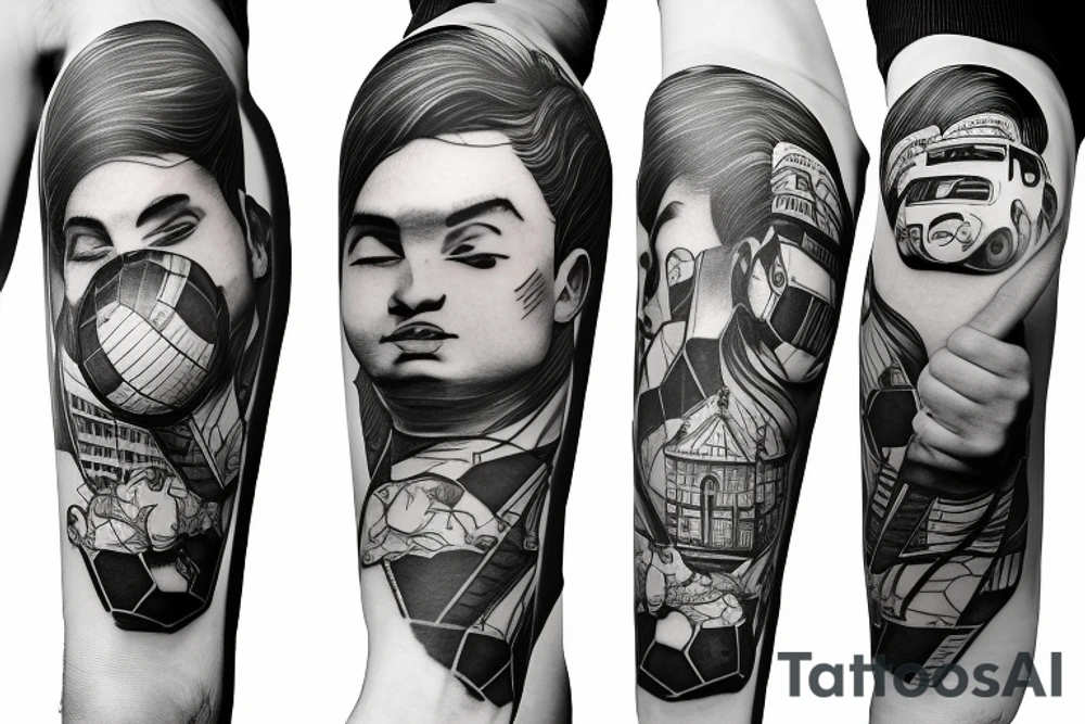 boy with soccerball and town in the background tattoo idea
