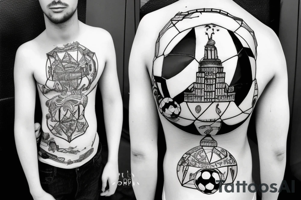 boy with soccerball and town in the background tattoo idea