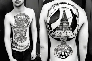 boy with soccerball and town in the background tattoo idea