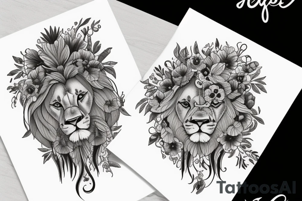 Female lion with flowers tattoo idea
