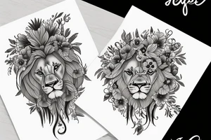 Female lion with flowers tattoo idea