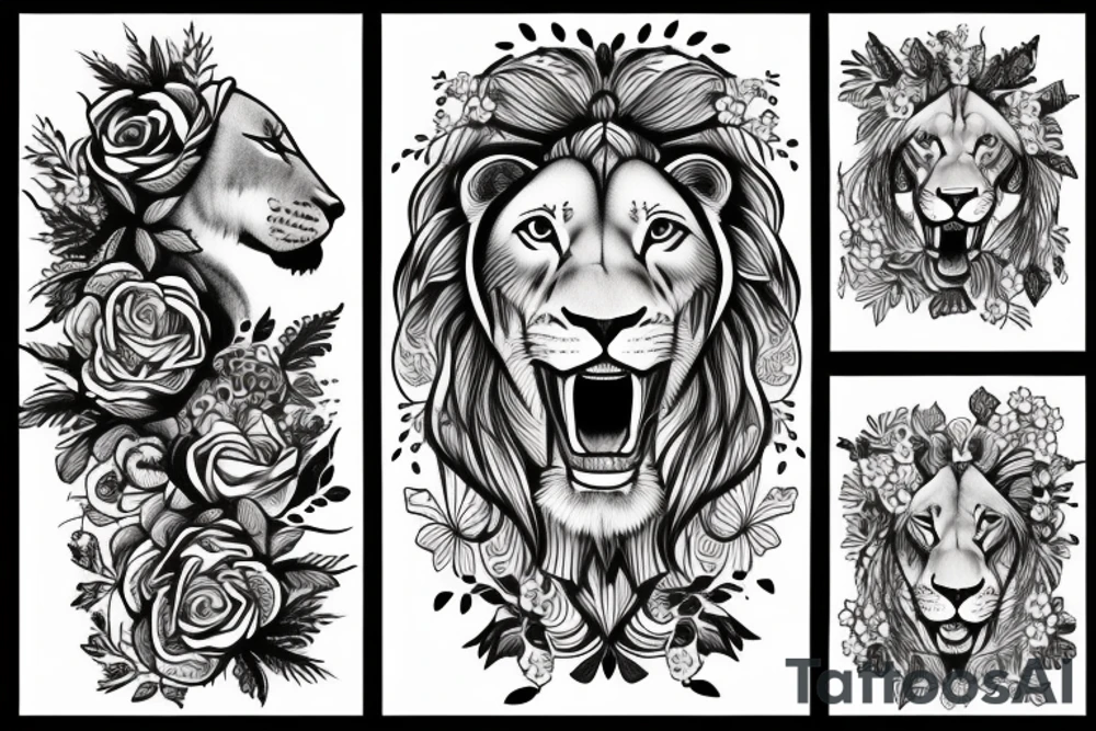 Female lion with flowers tattoo idea